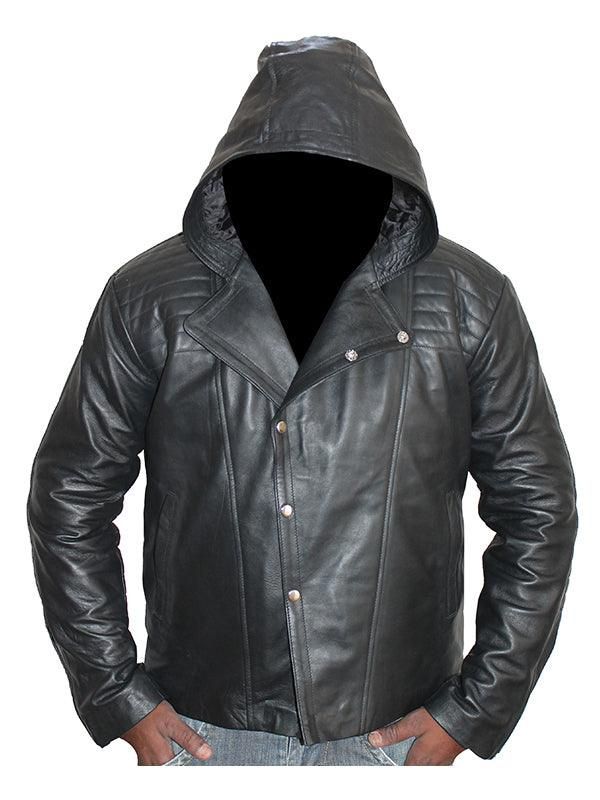 Mortal Men's Black Leather Jacket with Hood