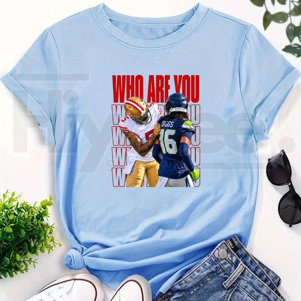 Who Are You Football Rivalry T-Shirt – Red Lettering Funny Game Day Graphic Tee
