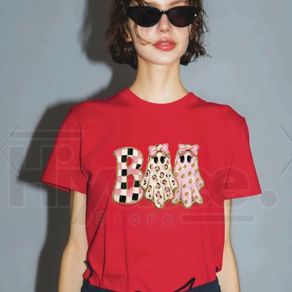 Girly Ghost Boo T-Shirt – Glam Preppy Coquette Bow Halloween Graphic Tee