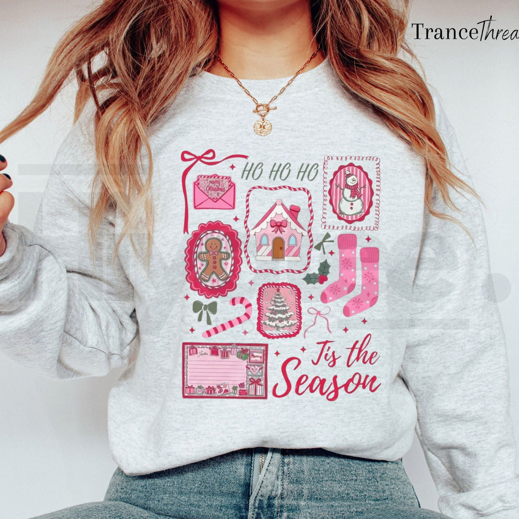 Pink Christmas Sweatshirt, Tis The Season Candy Cane Bow Santa Graphic Pullover
