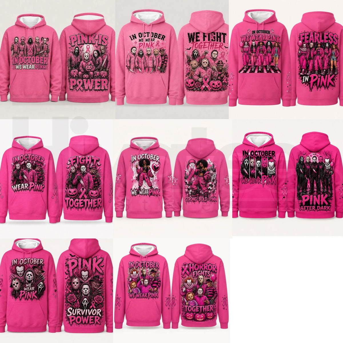 Pink Horror October Hoodie – In October We Wear Pink Scary Movie Character Pumpkin Bat Graphic Pullover
