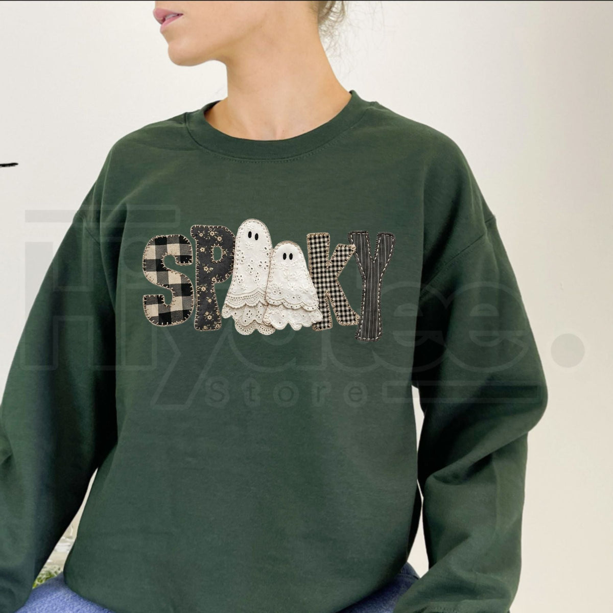 Gildan Patchwork Gingham Spooky Ghost Sweatshirt, Vintage Halloween Lace Ghost Graphic Pullover