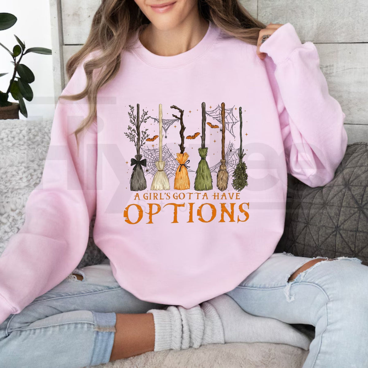 A Girl Gotta Have Options Retro Halloween Y2k Graphic Sweatshirt, Witches Halloween Spooky Season Feeling Witchy Pullover