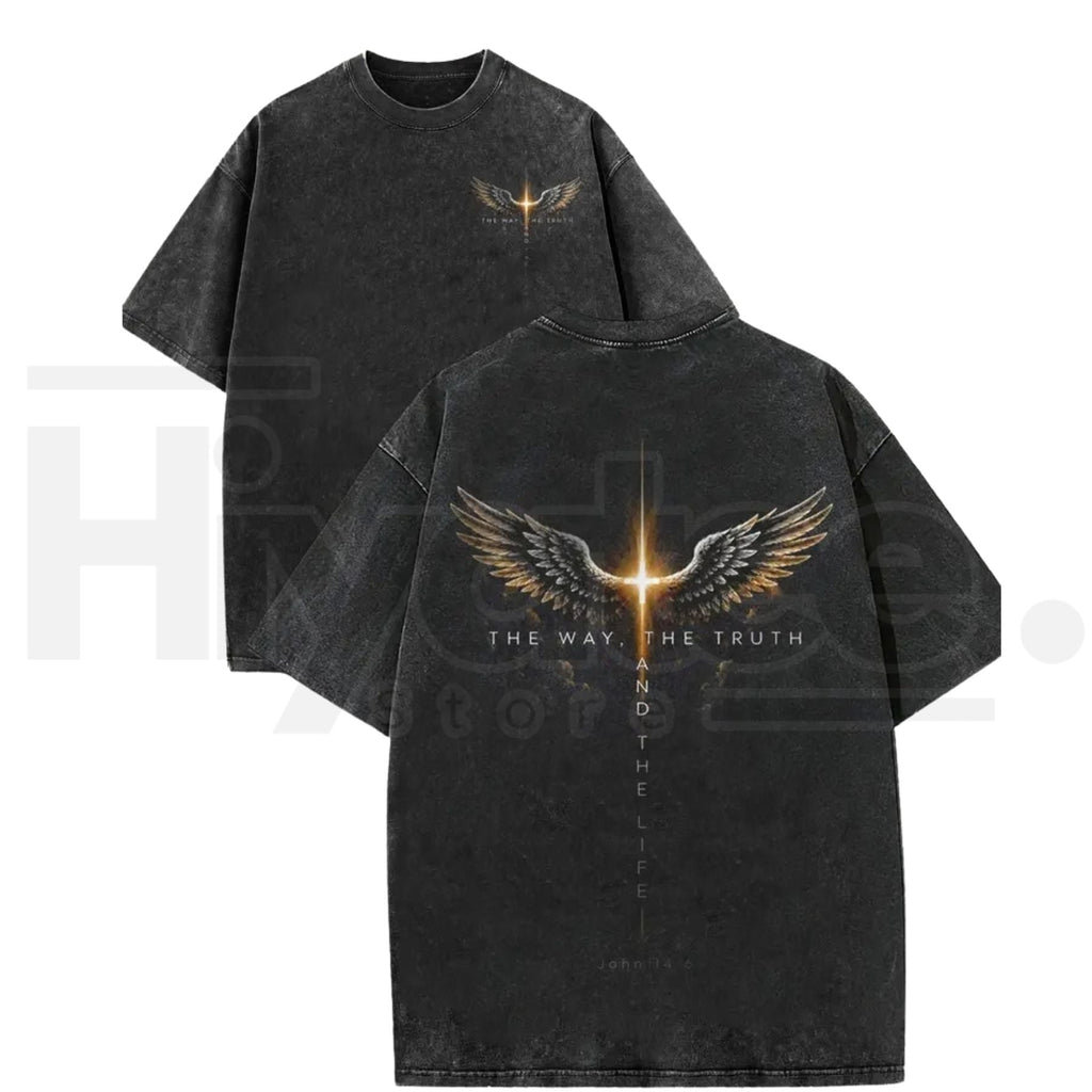 Glowing Cross Angel Wings Christian T-Shirt – Vintage Washed John Gospel Faith Graphic Tee
