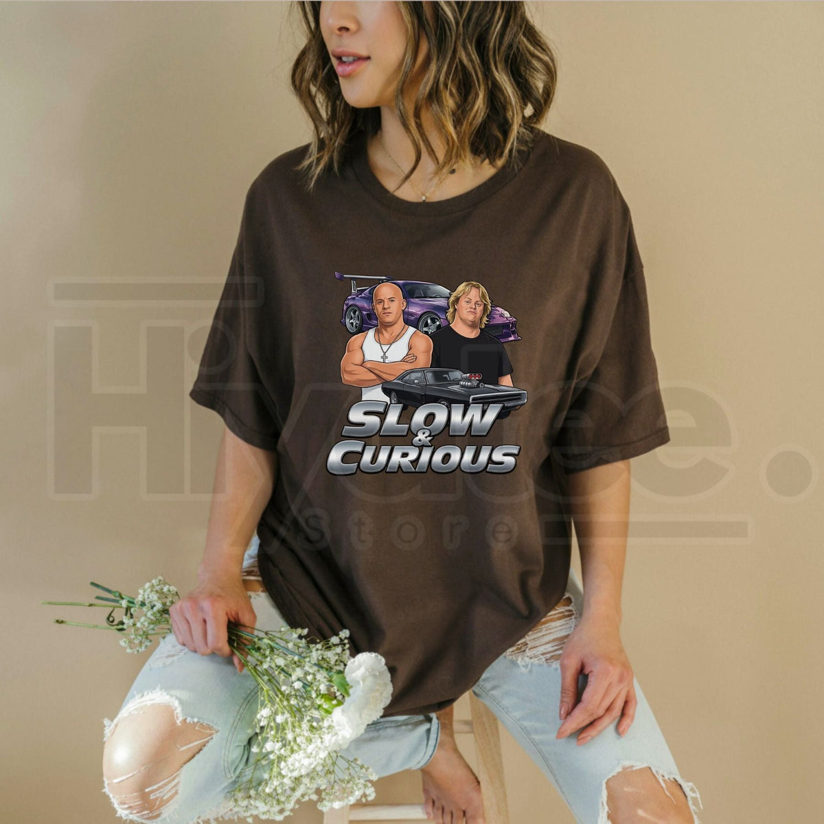 Slow & Curious Funny Parody T-Shirt – Vintage Car Enthusiast Graphic Tee