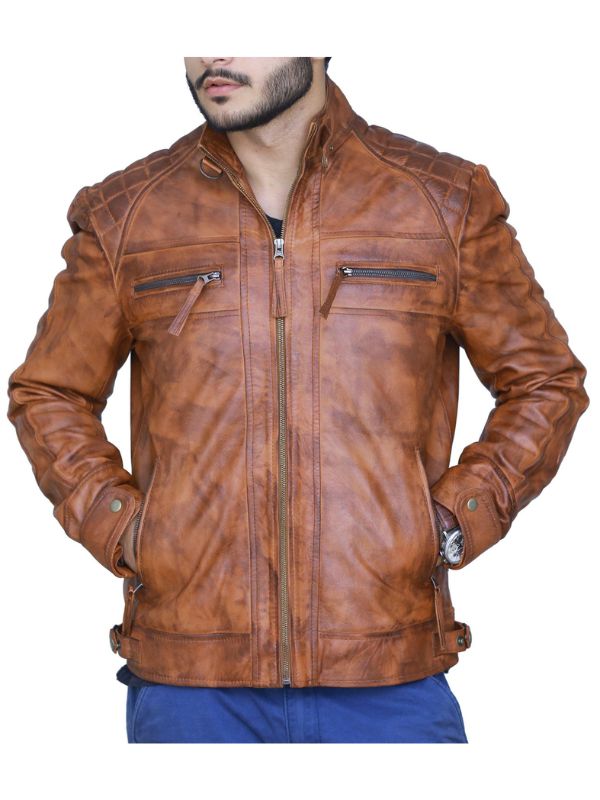 Men's Brown Tan Diamond Leather Biker Jacket