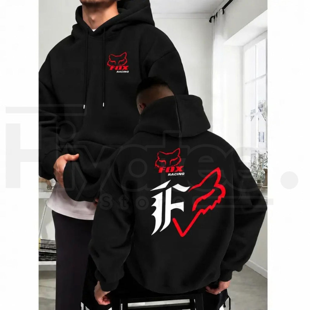 Men's Fleece Baggy Motorcycle Fox Print Hoodie – Dual-Sided Casual Long Sleeve Streetwear Pullover