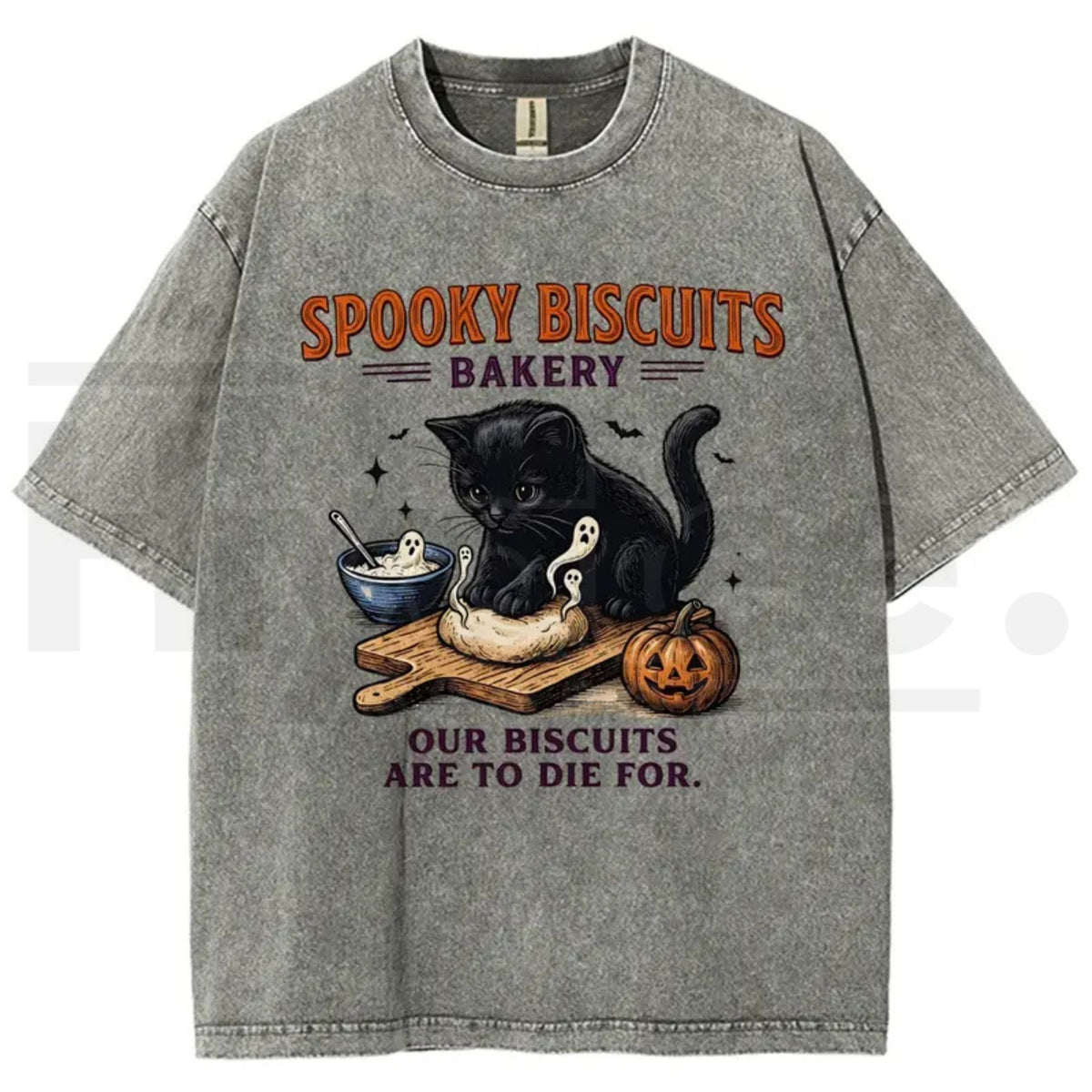 Men's Spooky Biscuits Black Cat Halloween T-Shirt – Vintage Brown Acid-Wash Oversized Cotton Tee
