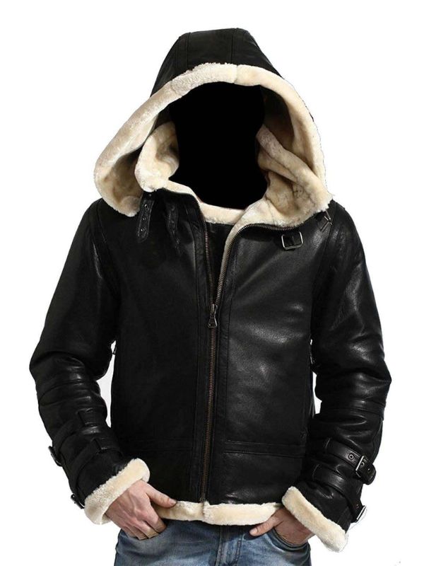Men's Black Hooded B3 Leather Jacket
