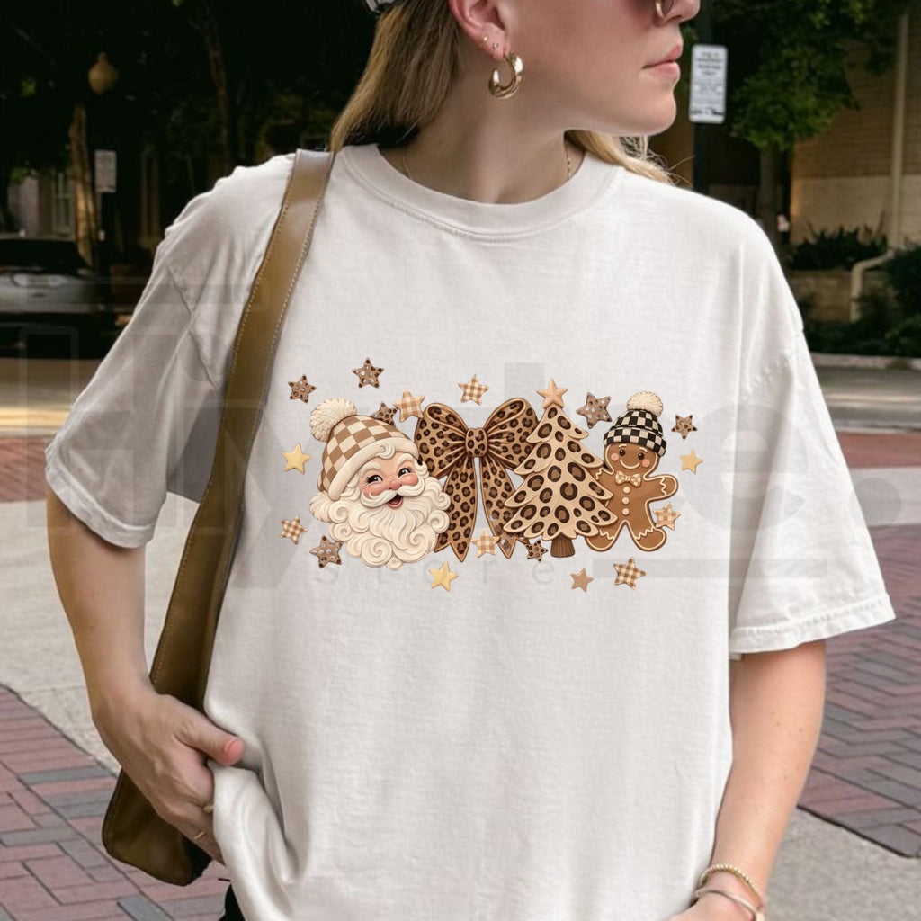 Women's Festive Holiday Aesthetic T-Shirt – Retro Leopard Gingerbread Man & Coquette Bow Tee