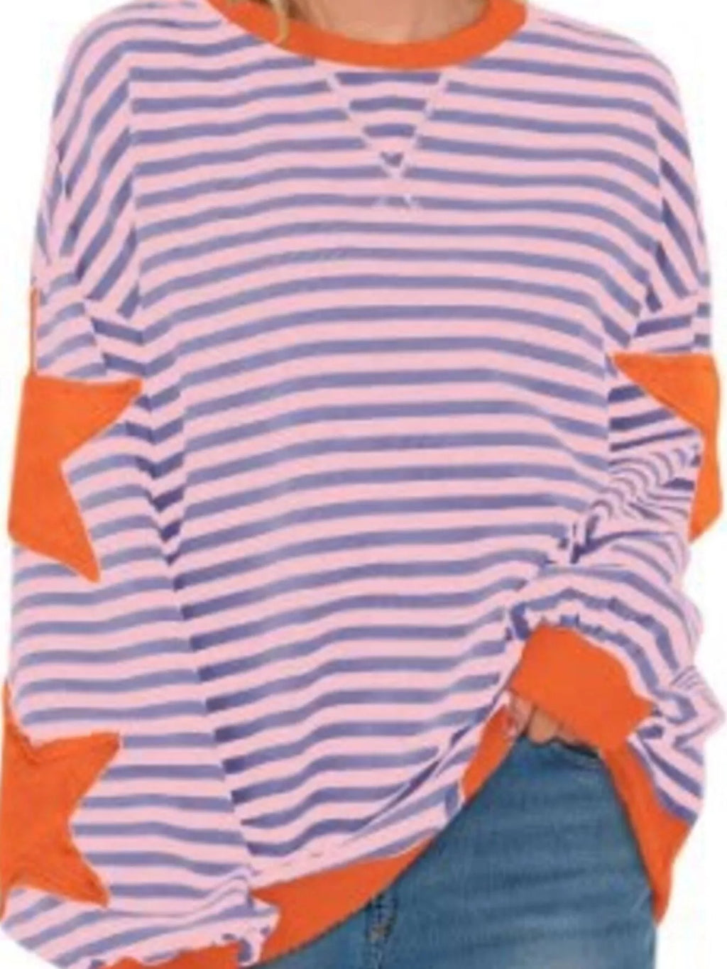 Full Size Star Patch Striped Oversized Sweatshirt Plus Size