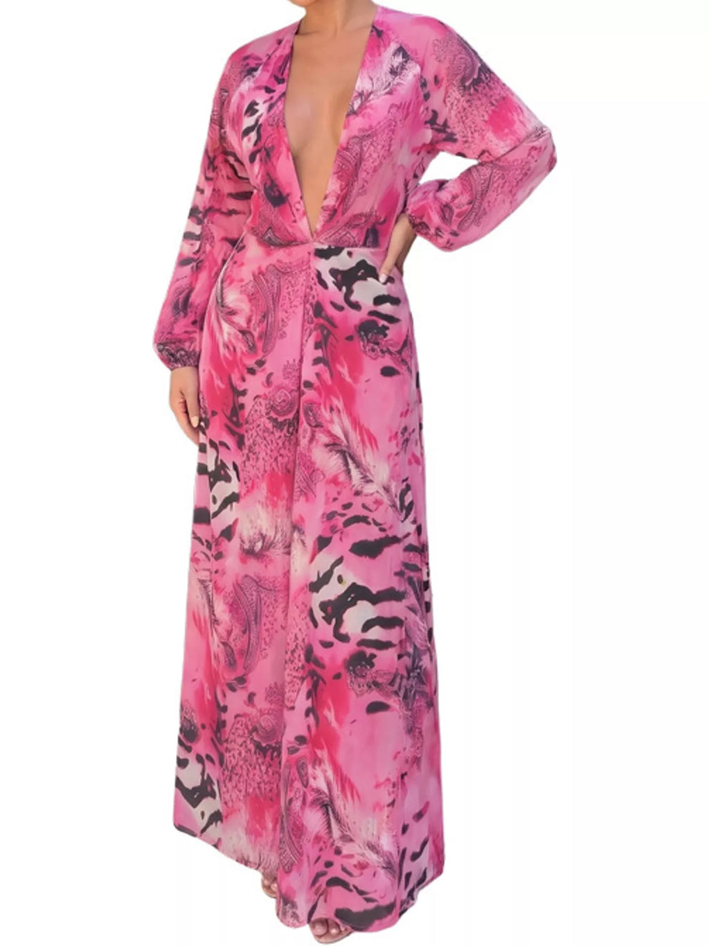 Deep V-Neck Long Sleeve Printed Maxi Dress