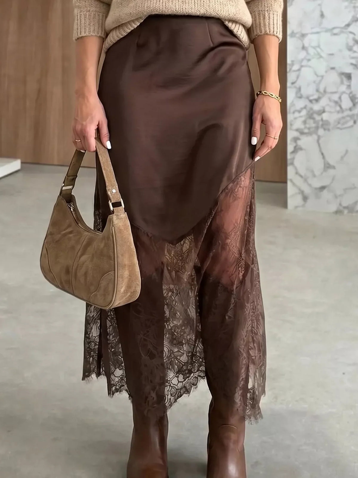 Lace Patchwork Hem Long Casual Shift Skirt