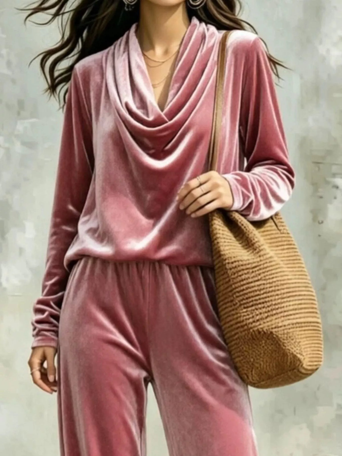 Full Size Velvet Cowl Neck Long Sleeve Top and Pants Set Plus Size
