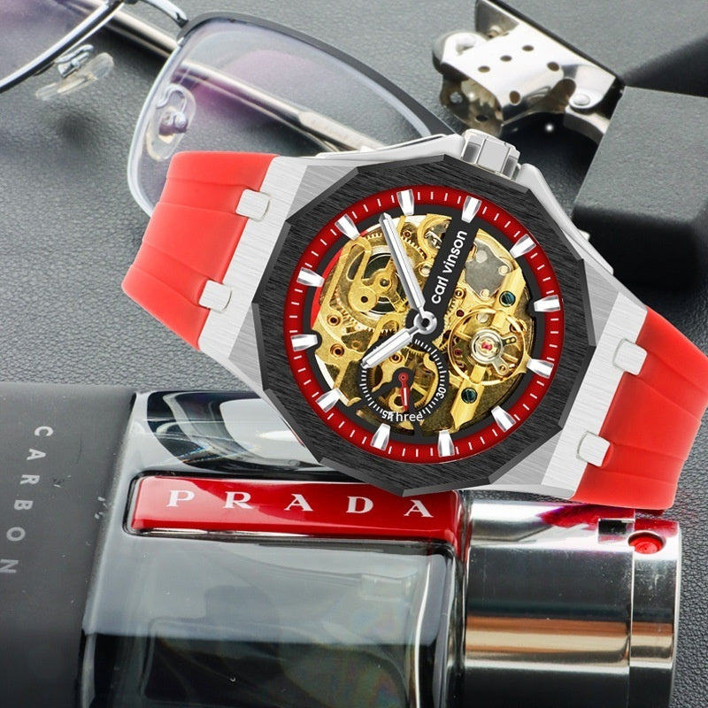 Fully Automatic Luminous Decorative Hollow Silicone-Strap Mechanical Alloy Watch