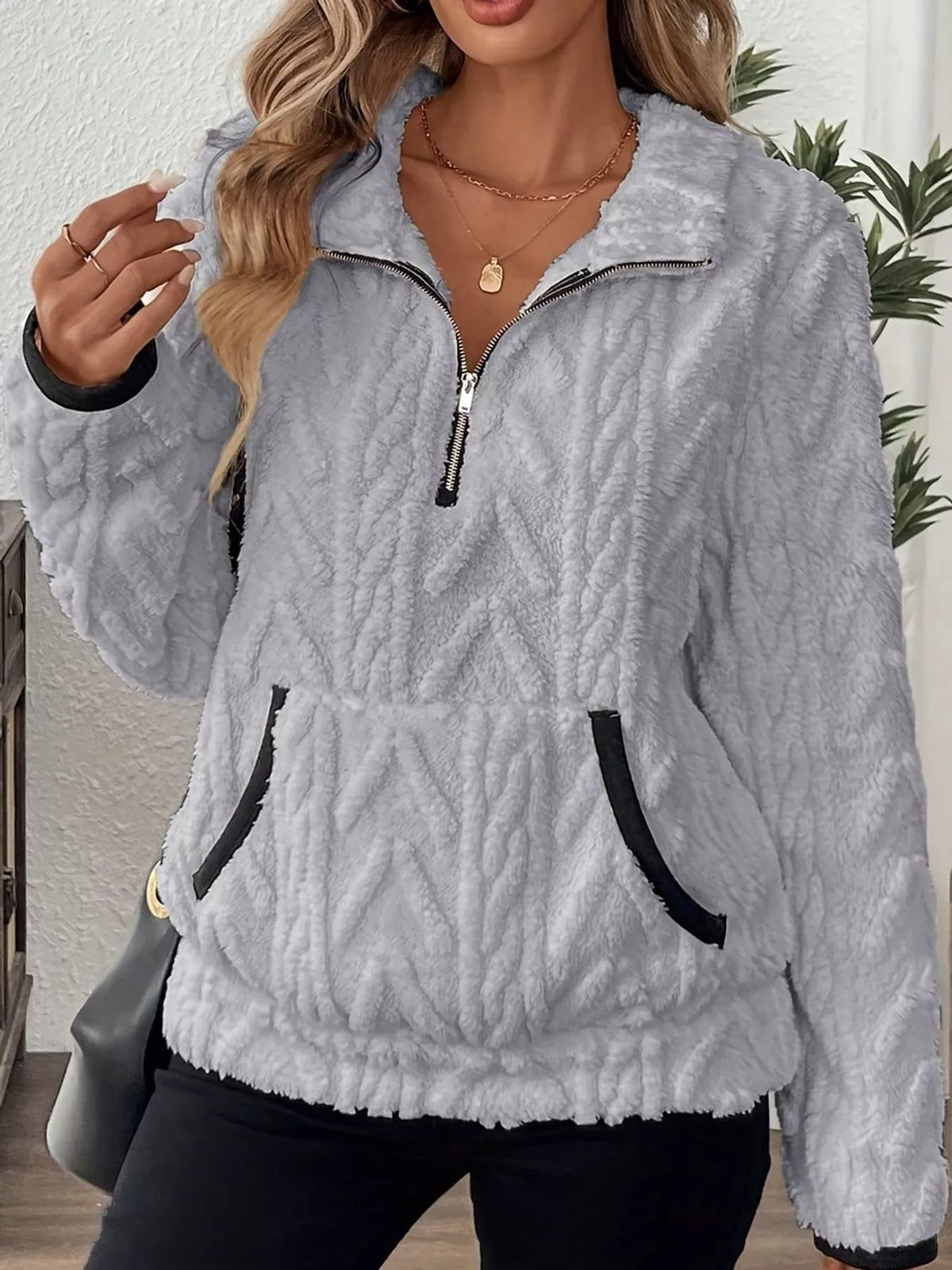 Full Size Quarter-Zip Sherpa Sweatshirt Plus Size