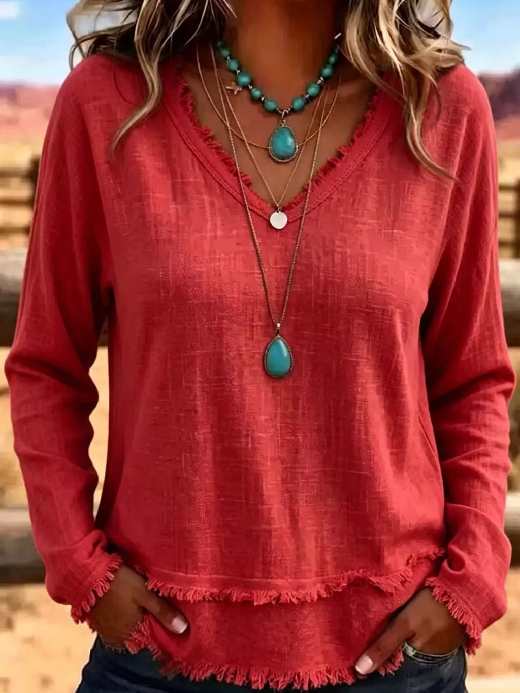 Full Size Frayed Hem V-Neck Long Sleeve Blouse Plus Size