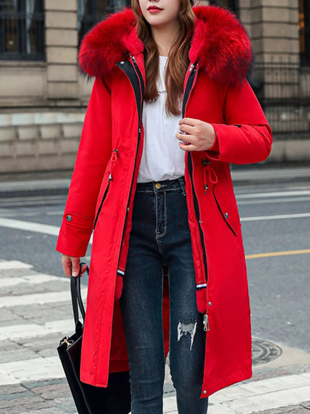 Detachable Longline Hooded Parka with Faux Fur Trim and Drawstring Waist
