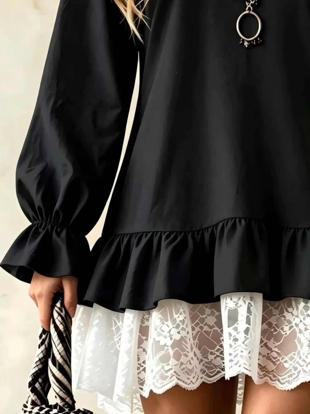V-Neck Long Sleeve Ruffle Hem Lace Trim Mini Dress