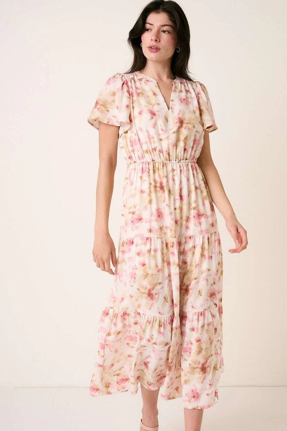 Floral Flutter Sleeve V-Neck Maxi Dress with Slit