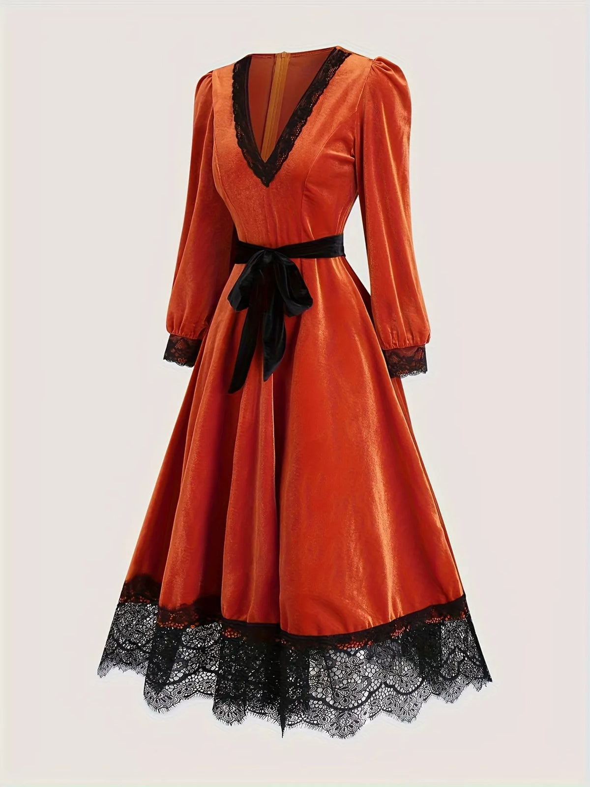 Velvet V-Neck Lace Trim Midi Dress with Waist Tie