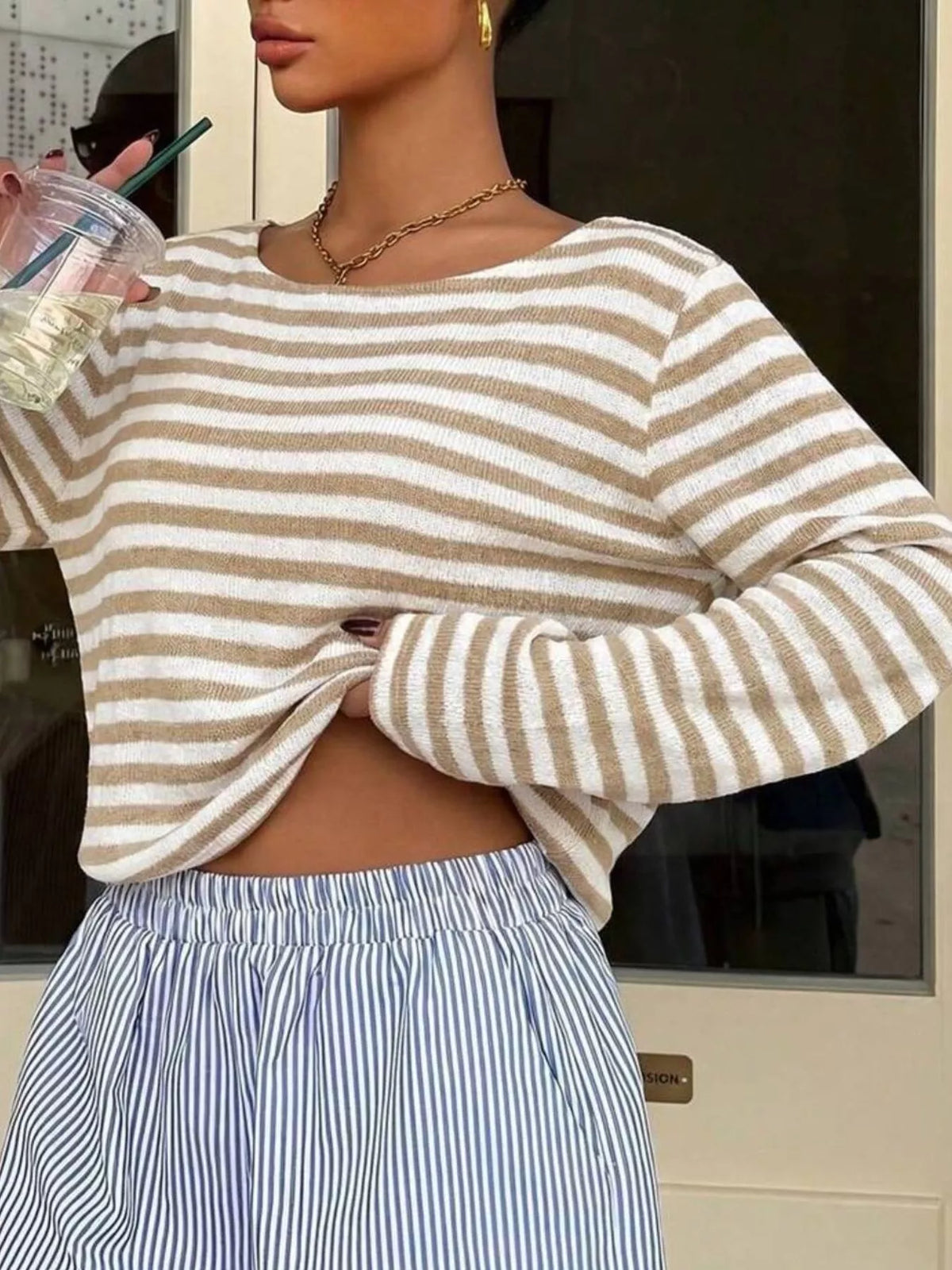 Boat Neck Striped Long Sleeve T-Shirt