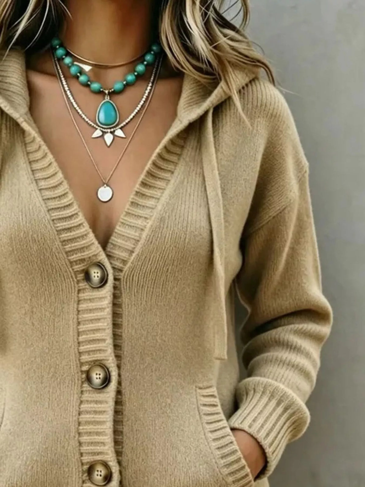 Hooded Button-Down Knit Cardigan with Pockets