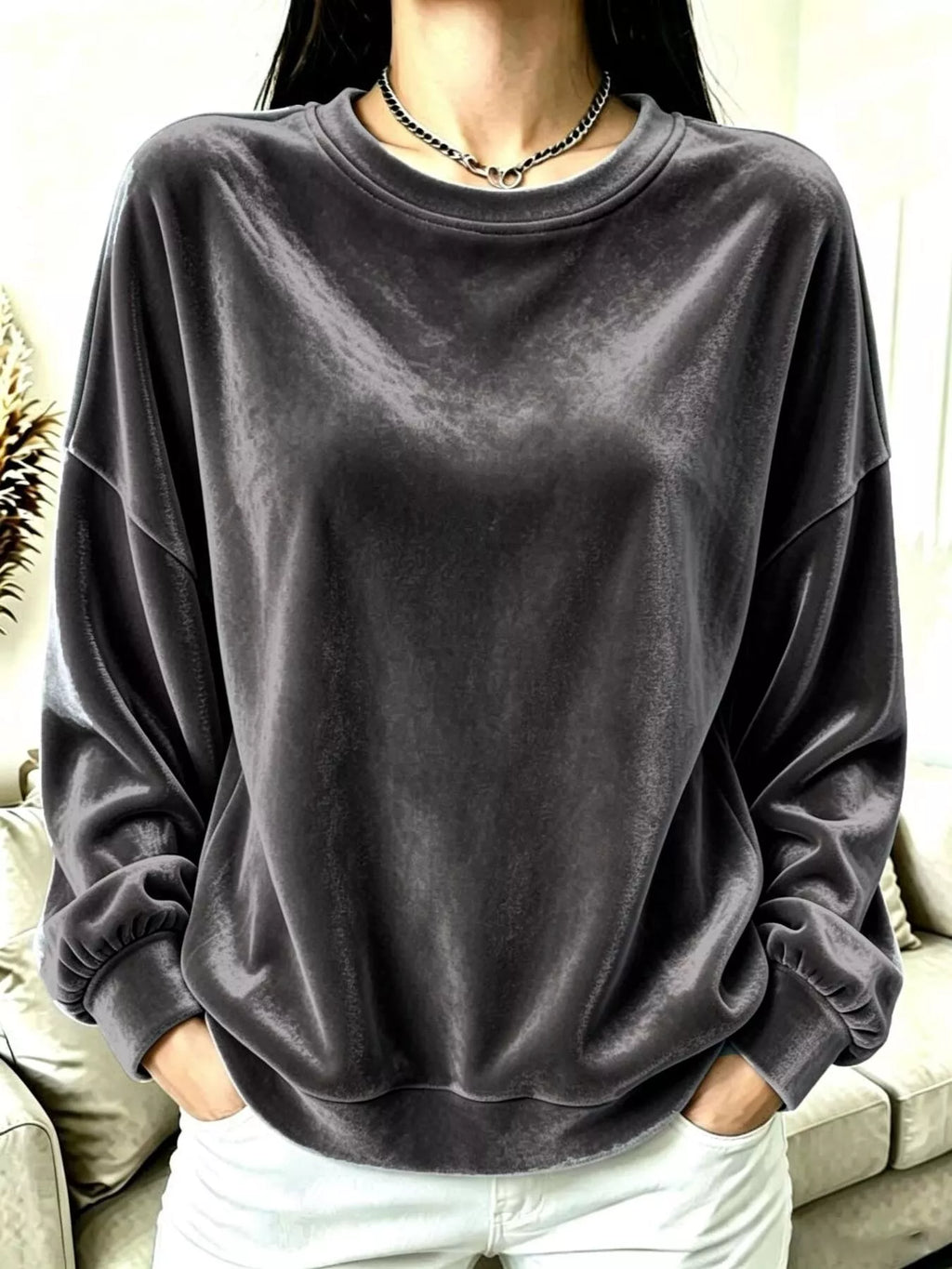Full Size Velvet Dropped Shoulder Sweatshirt Plus Size