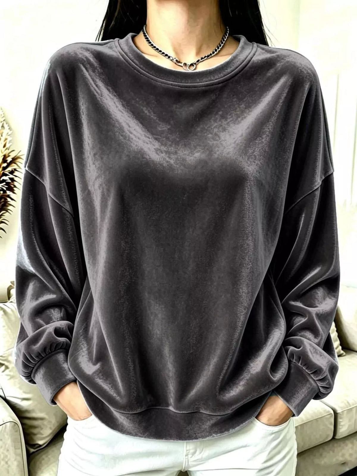 Full Size Velvet Dropped Shoulder Sweatshirt Plus Size