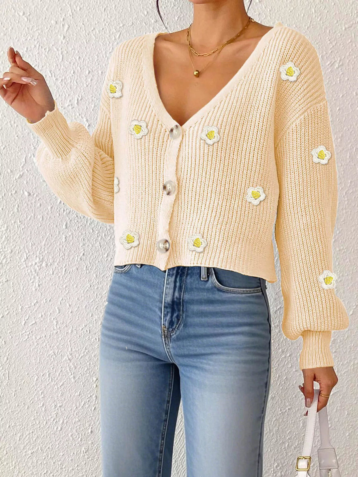 Floral V-Neck Button-Down Cropped Cardigan