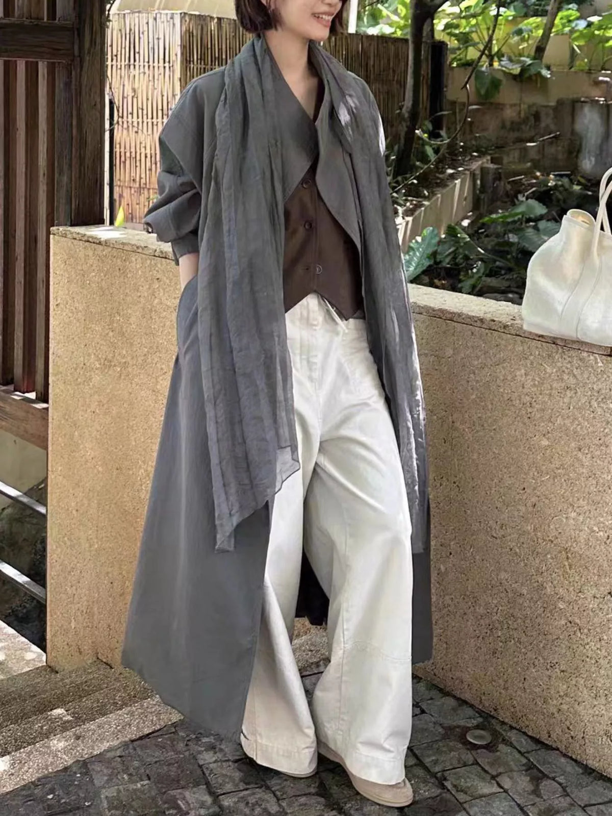 Drawstring Open Front Longline Trench Coat