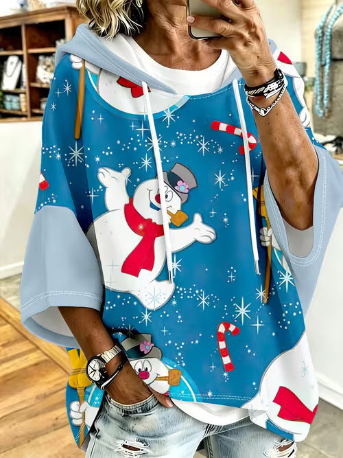 Womens Retro-Print Hoodie With Drawstring And Three-Quarter Sleeves