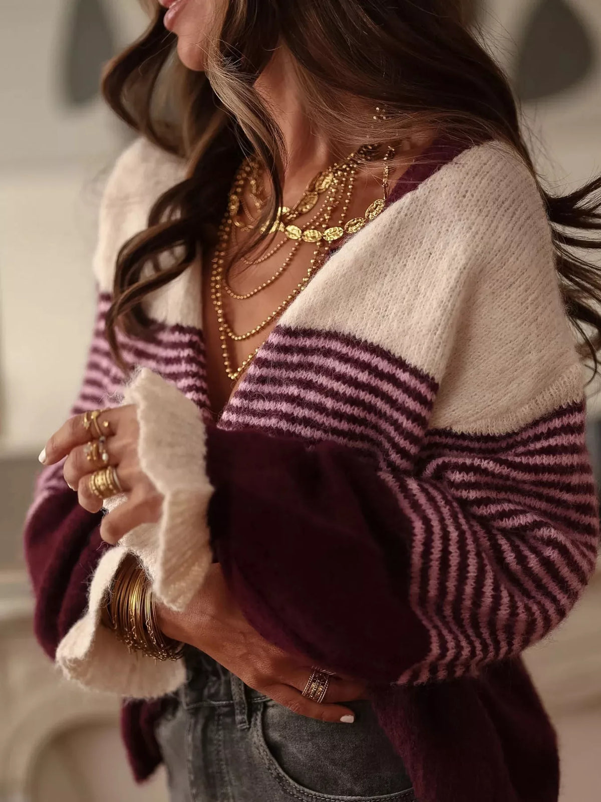 Striped Color-Block Button-Down Cardigan