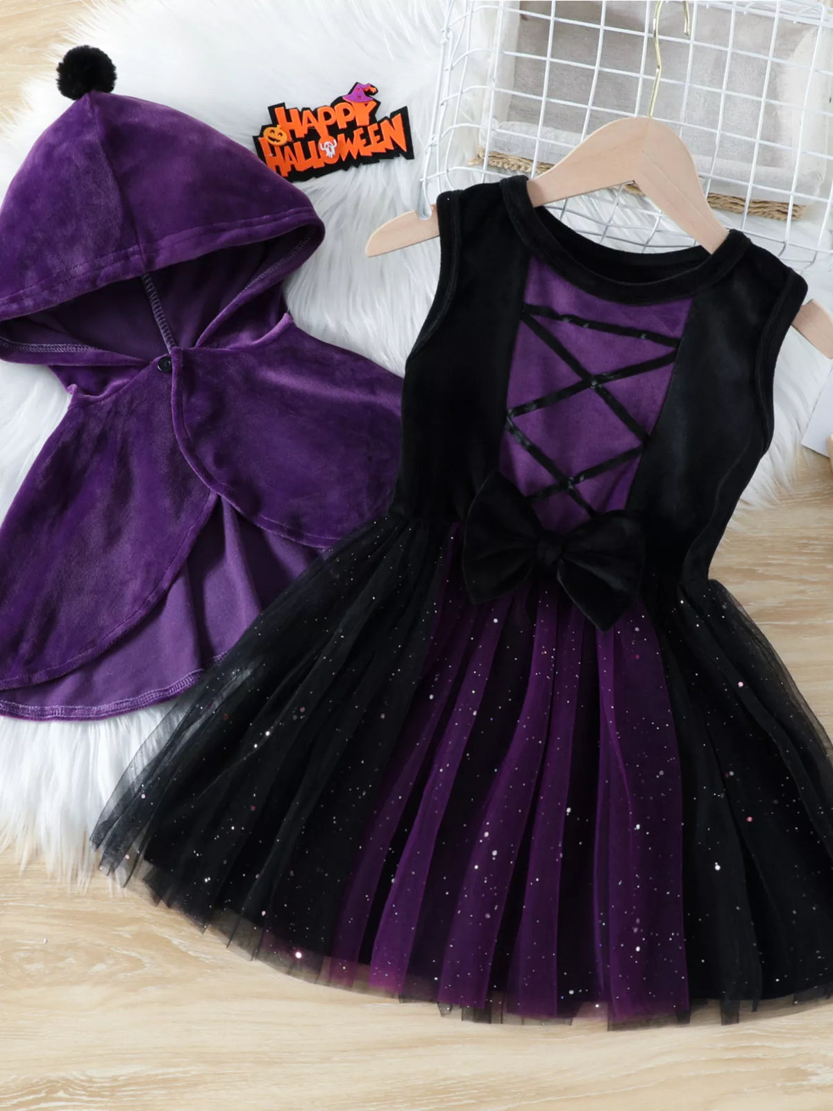 Children's Velvet Hooded Cape and Tulle Dress Halloween Witch Costume Set