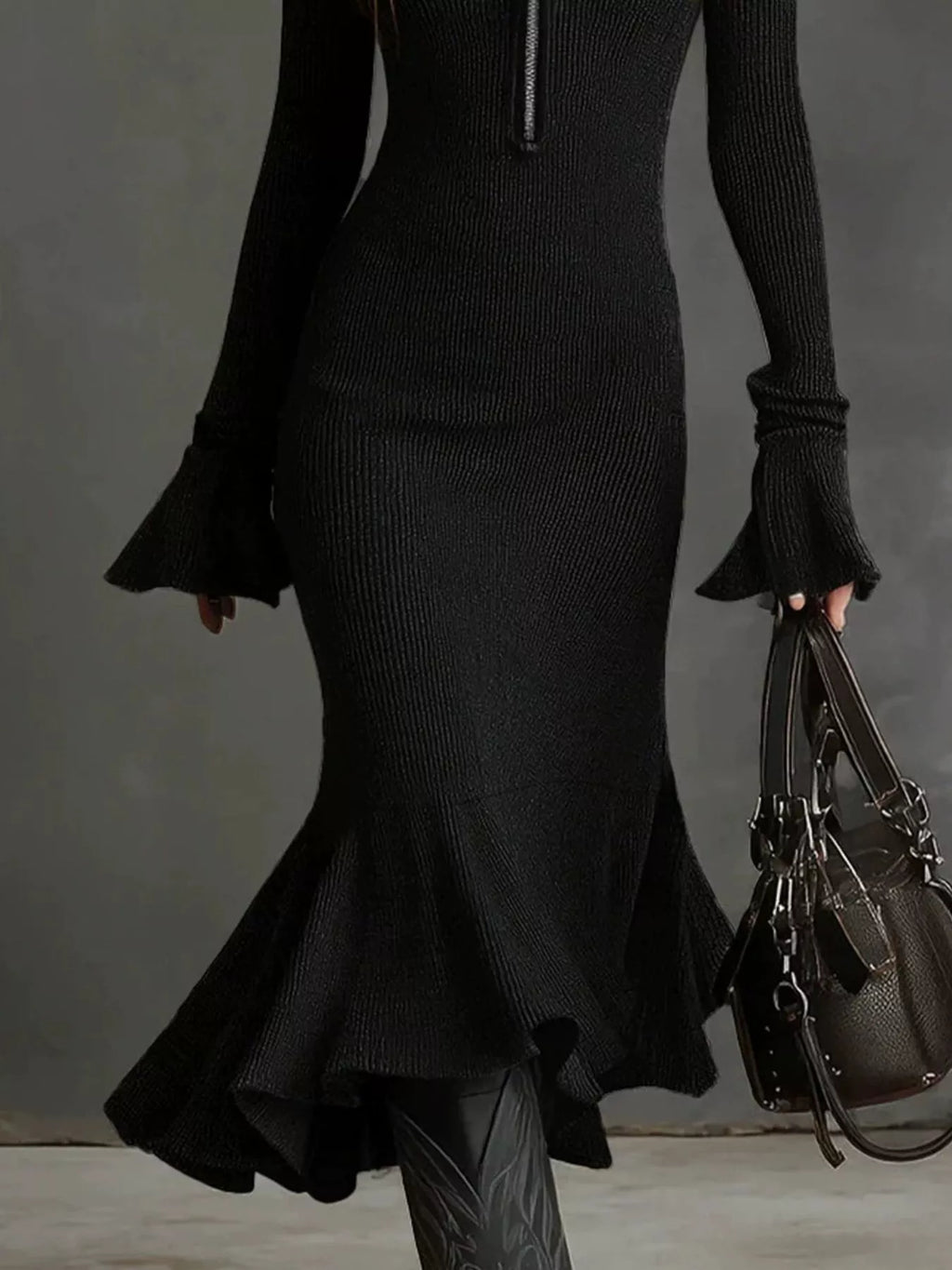 Full Size Quarter-Zip Mermaid Hem Knit Dress Plus Size