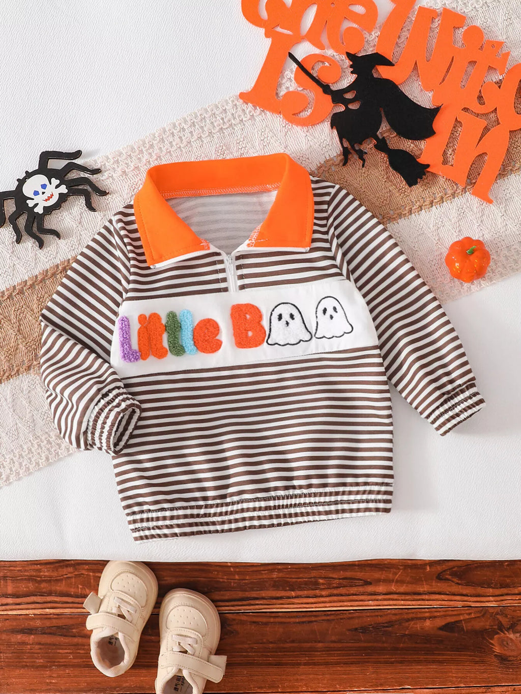 Children's Little Boo Halloween Striped Quarter-Zip Sweatshirt