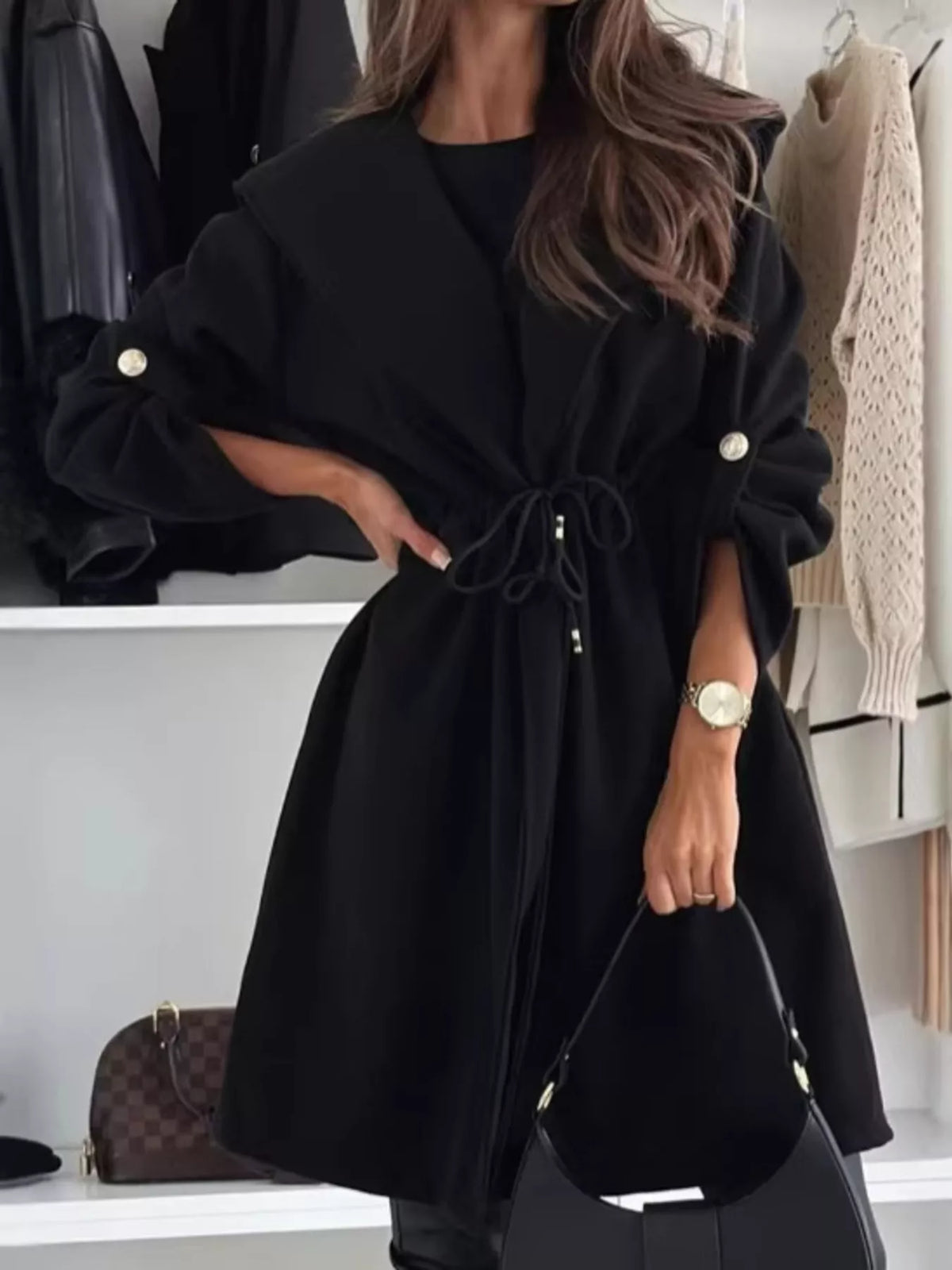 Full Size Hooded Drawstring Waist Casual Outerwear Plus Size