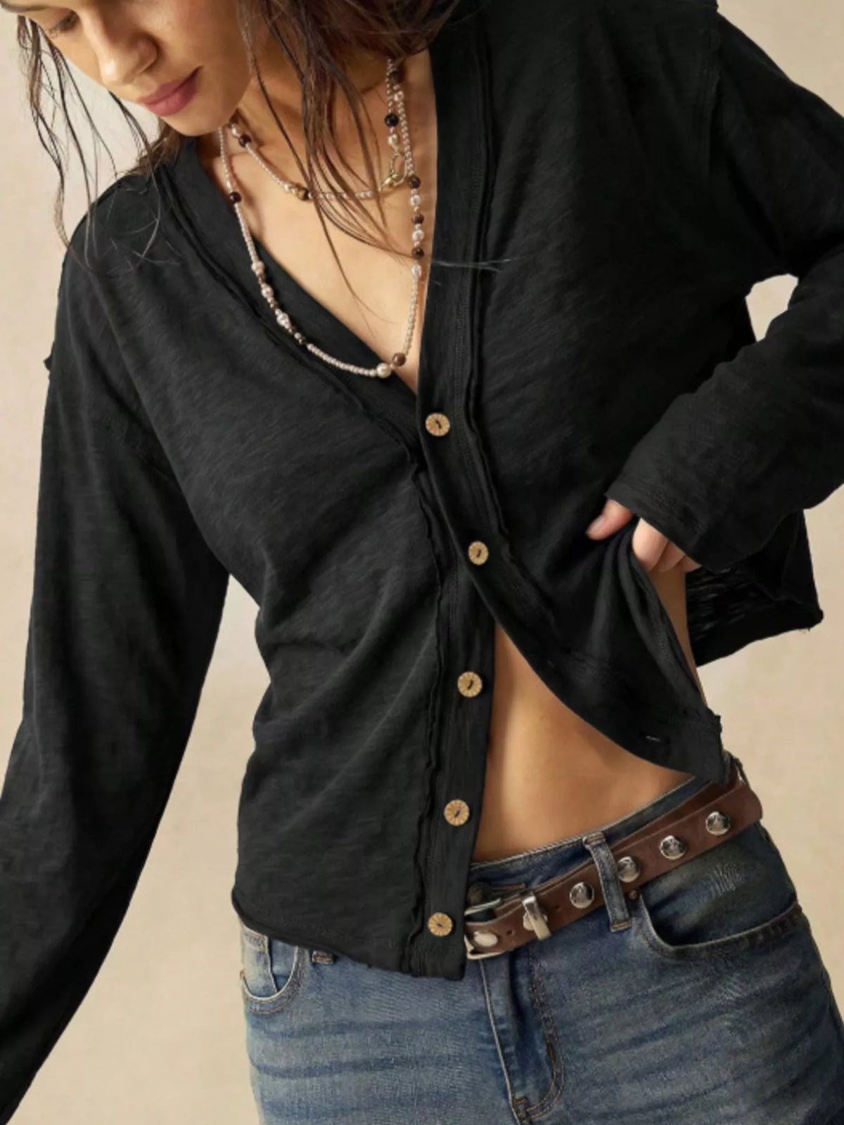 Exposed Seam Long Sleeve Shirt with Two Way to Wear