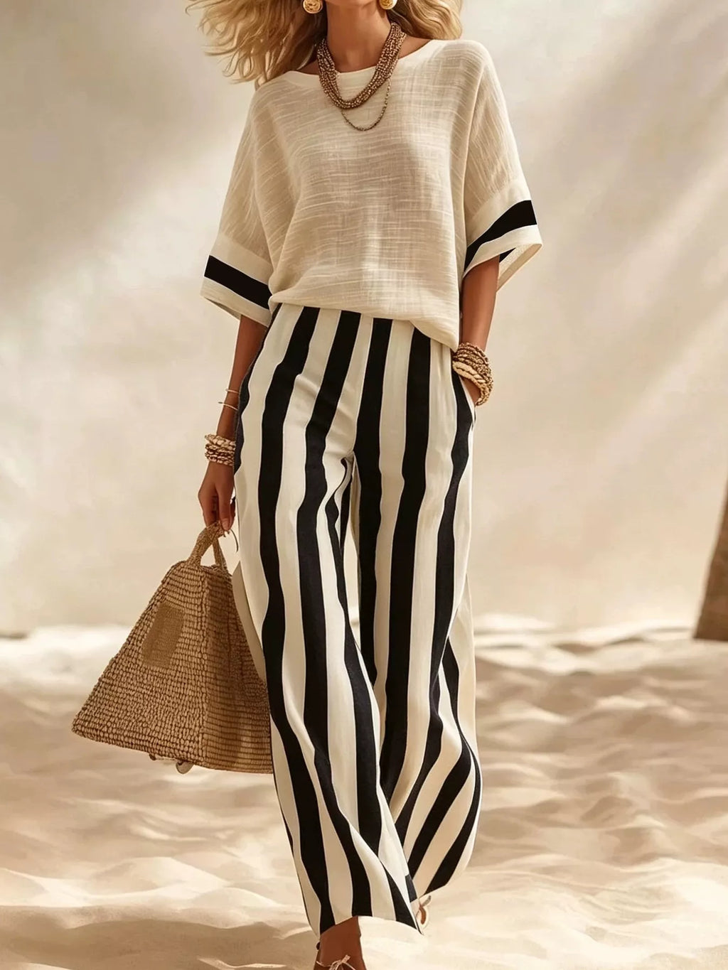 Full Size Striped Half Sleeve Top and Pants Set Plus Size