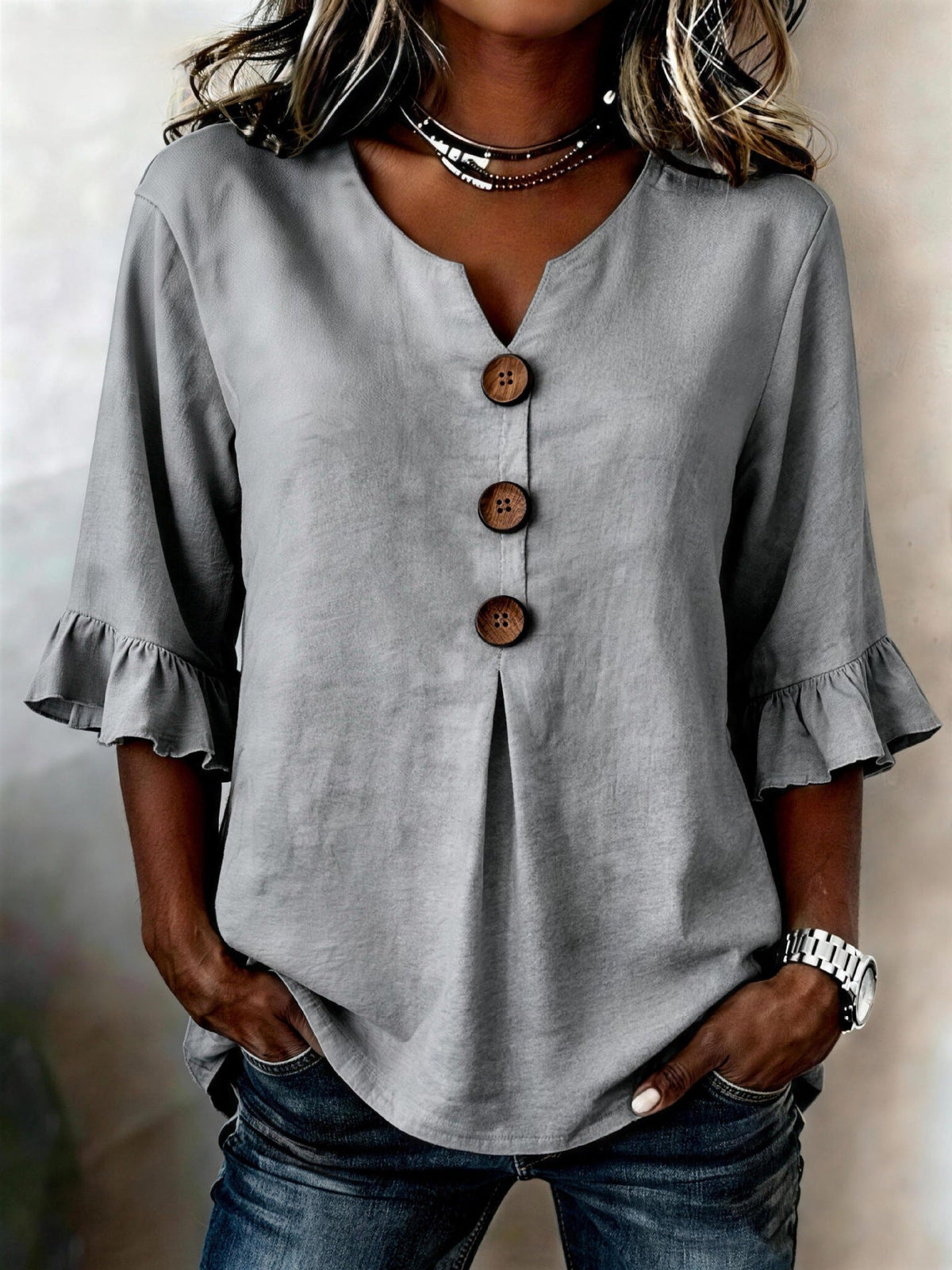 2026 Summer Women's V Neck Cotton Linen Button Up Shirt Solid Color Button Design  Short Sleeve