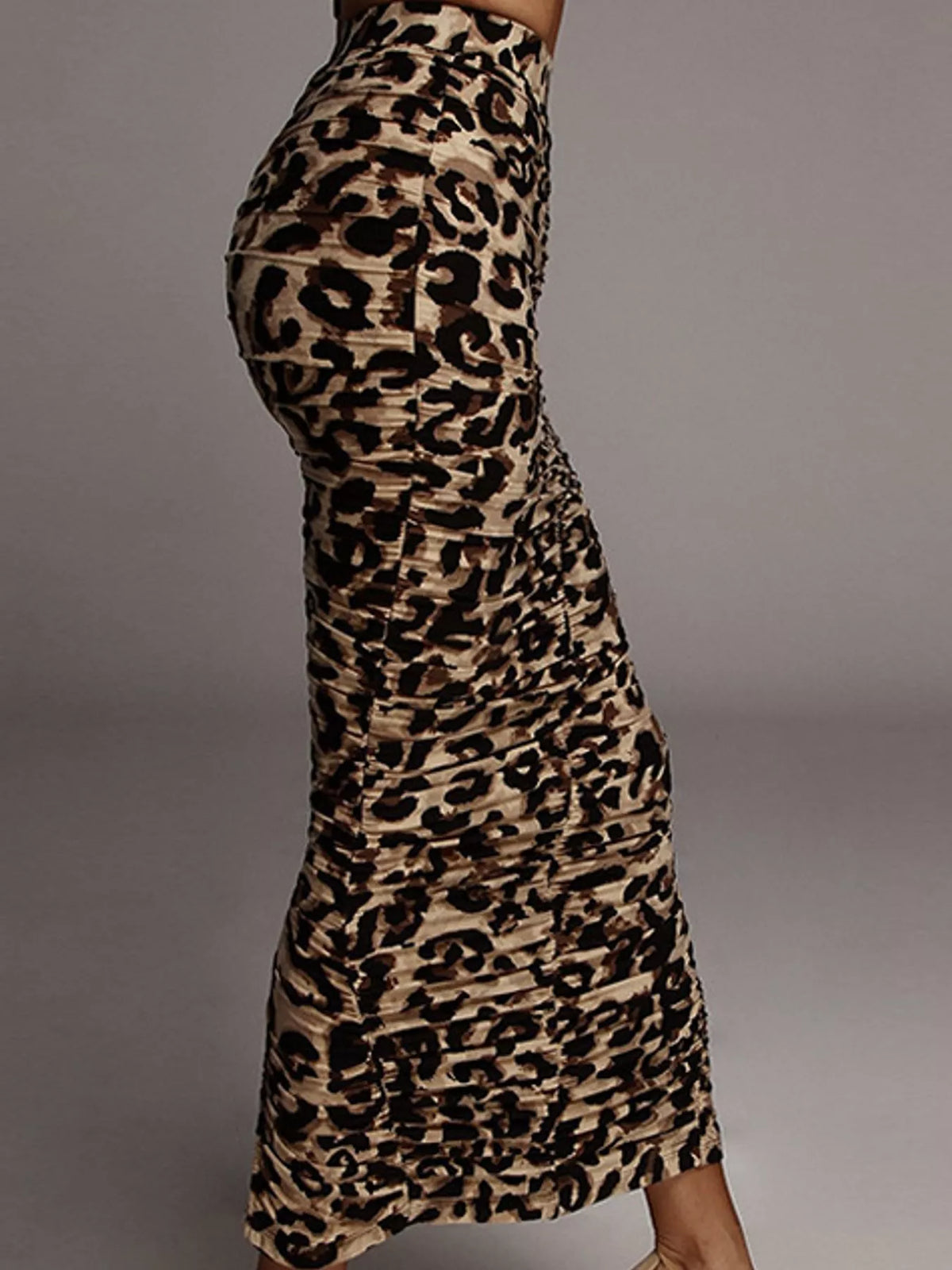 Ruched Leopard Print Slit Skirt