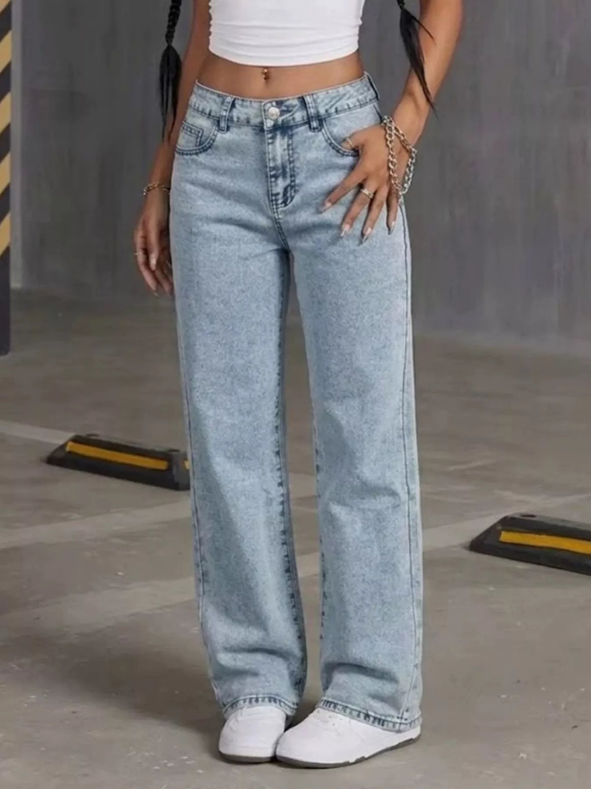 High-Waisted Acid Wash Straight Leg Jeans
