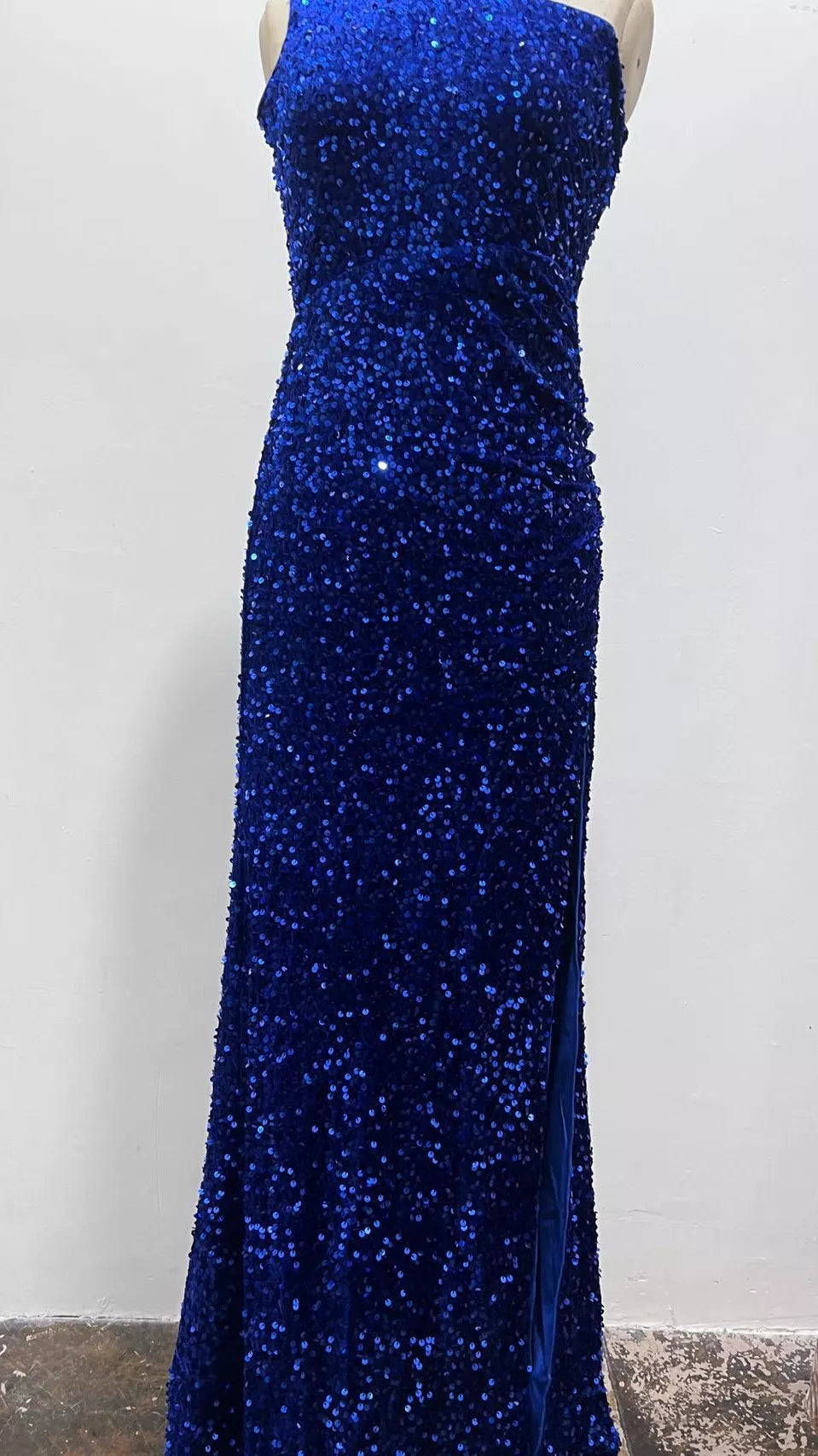 One-Shoulder Ruched Sequin High-Slit Evening Dress