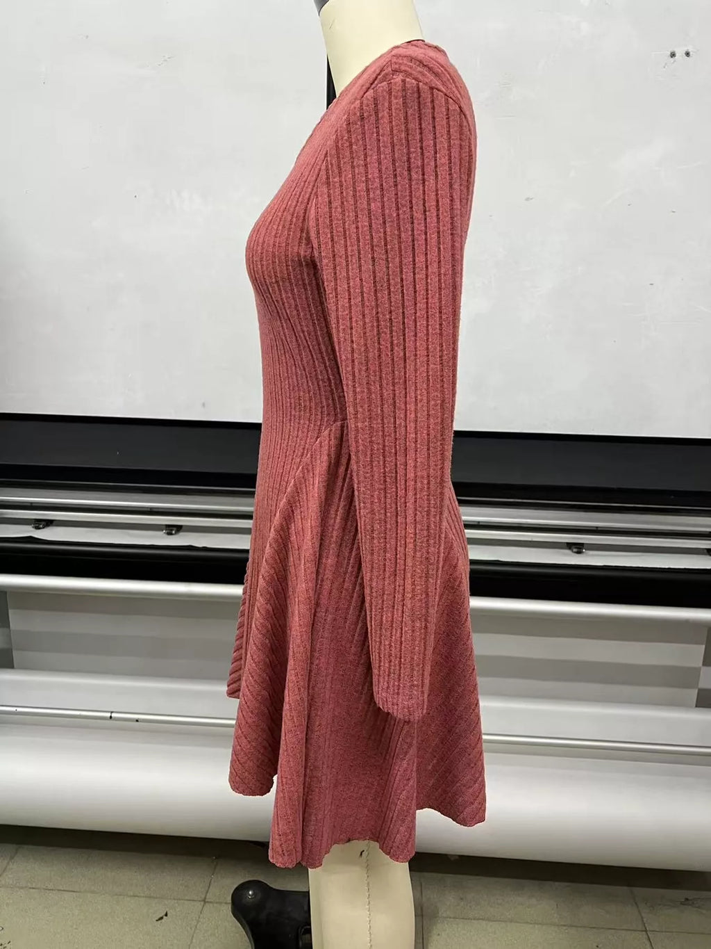 V-Neck Ribbed Knit A-Line Dress