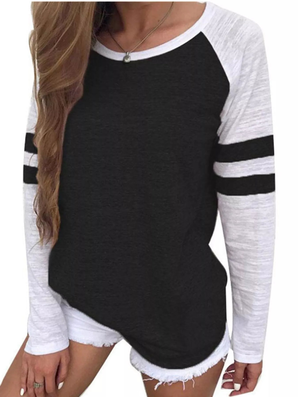 Full Size Color-Block Raglan Sleeve Striped T-Shirt Plus Size