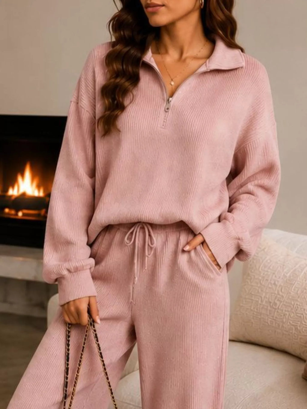 Cozy Ribbed Knit Quarter-Zip Top and Wide-Leg Set