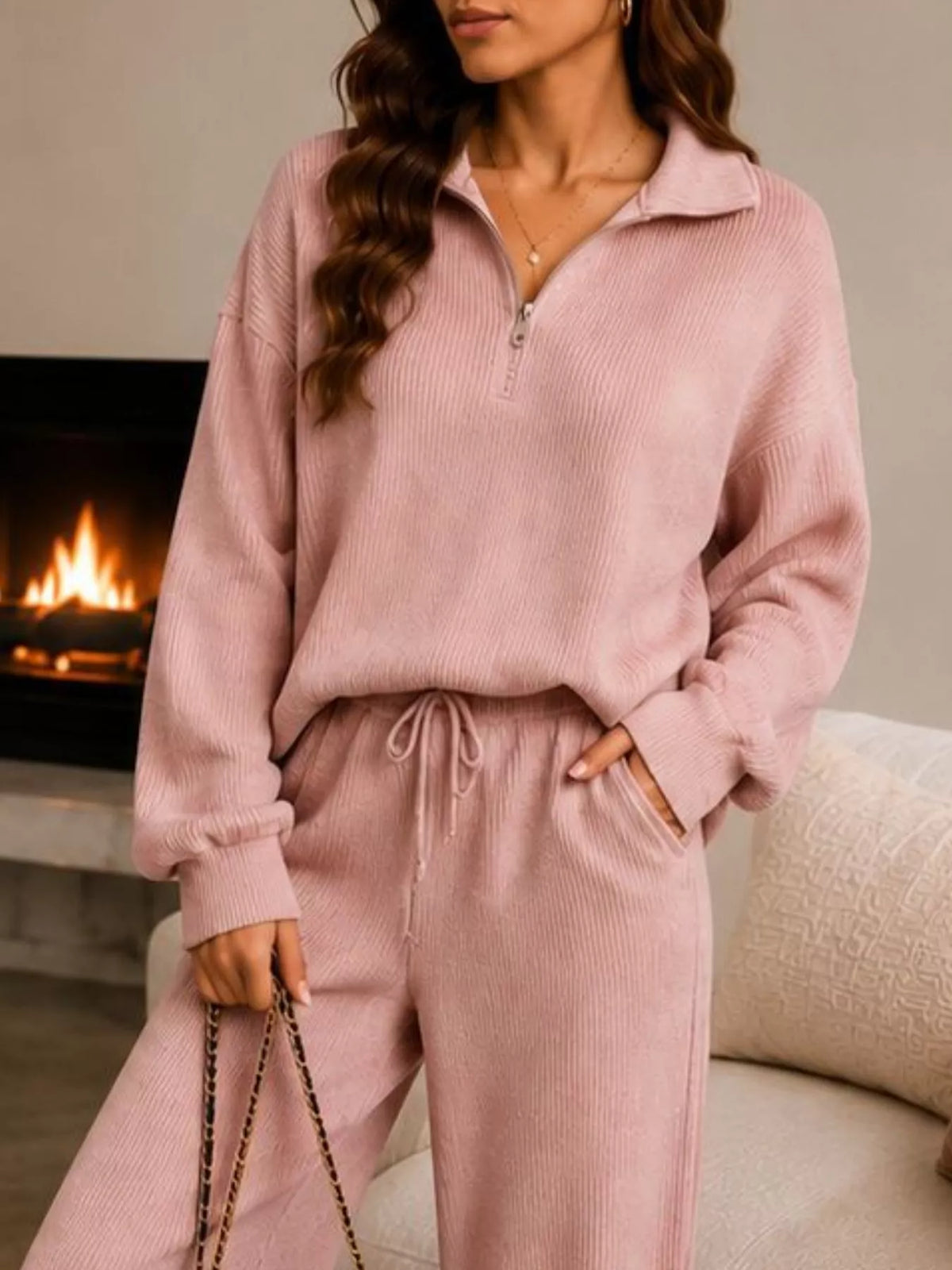 Cozy Ribbed Knit Quarter-Zip Top and Wide-Leg Set
