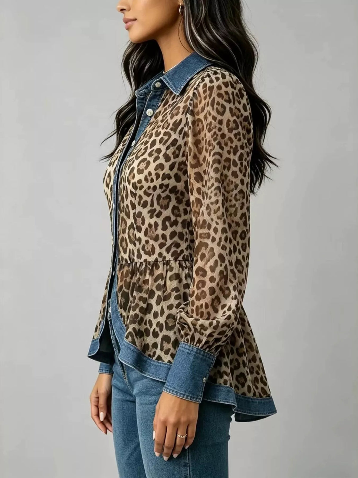 Denim Contrast Trim Leopard Shirt