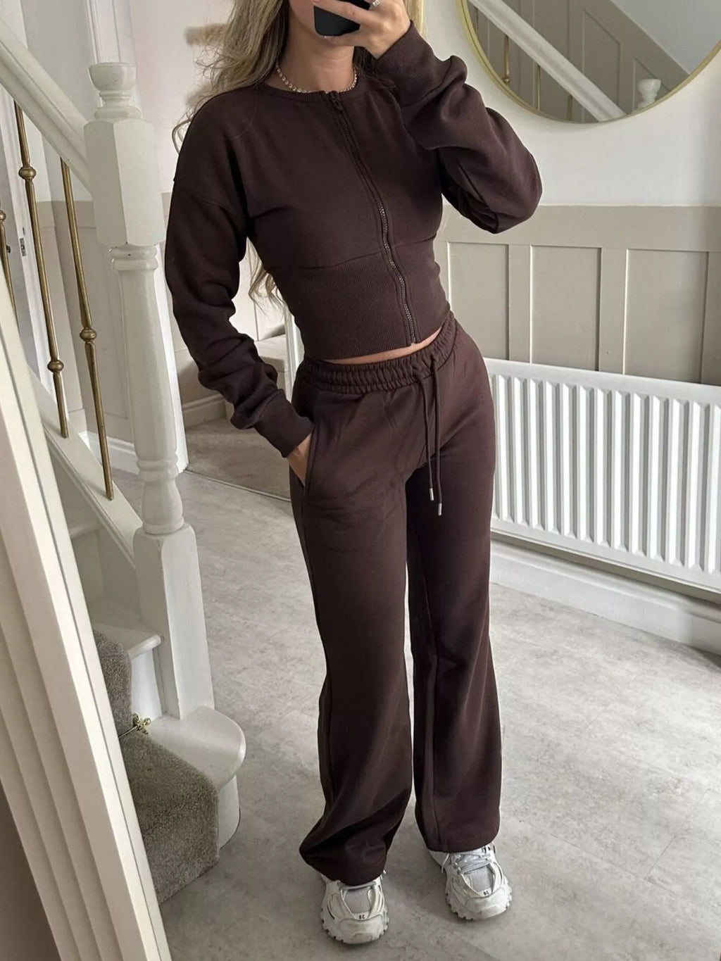Zip-Up Crop Hoodie and High-Waisted Pants Set