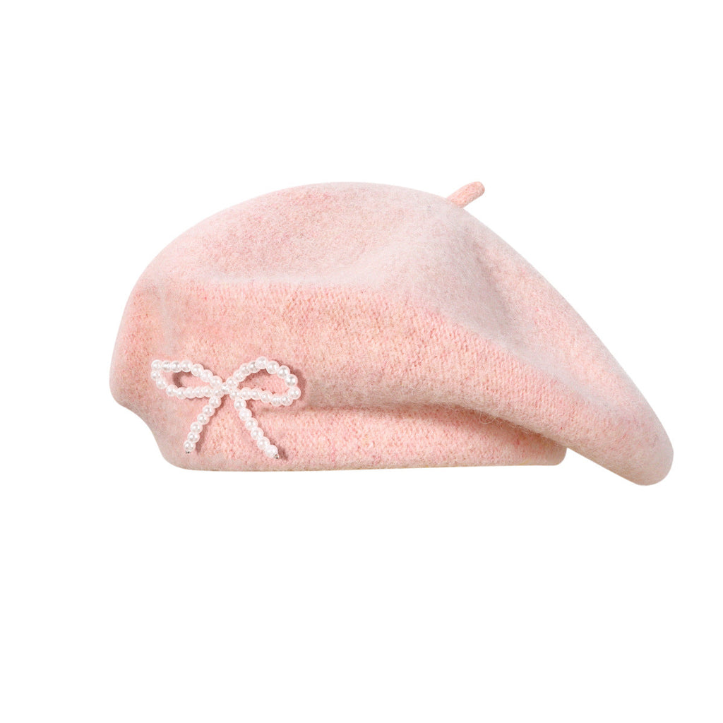 Pearl Bow Wool Breathable Beret